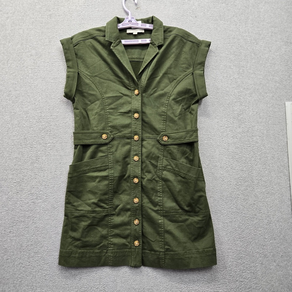 LOFT Women Dress 10 Green Utility Mini Pocket Shirt Short Sleeve Collar Twill